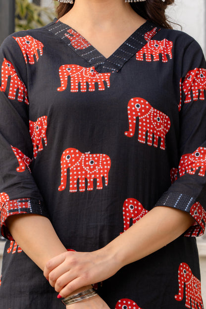 Black Red Printed Cotton Kurta and Pant Set with Mulmul Dupatta