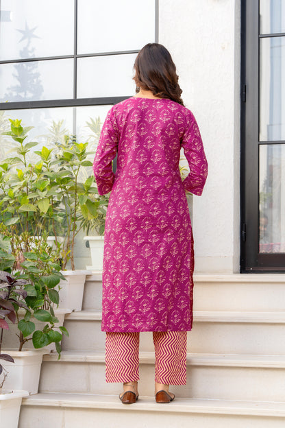 Pink Printed Cotton Kurta and Pant Set with Dupatta