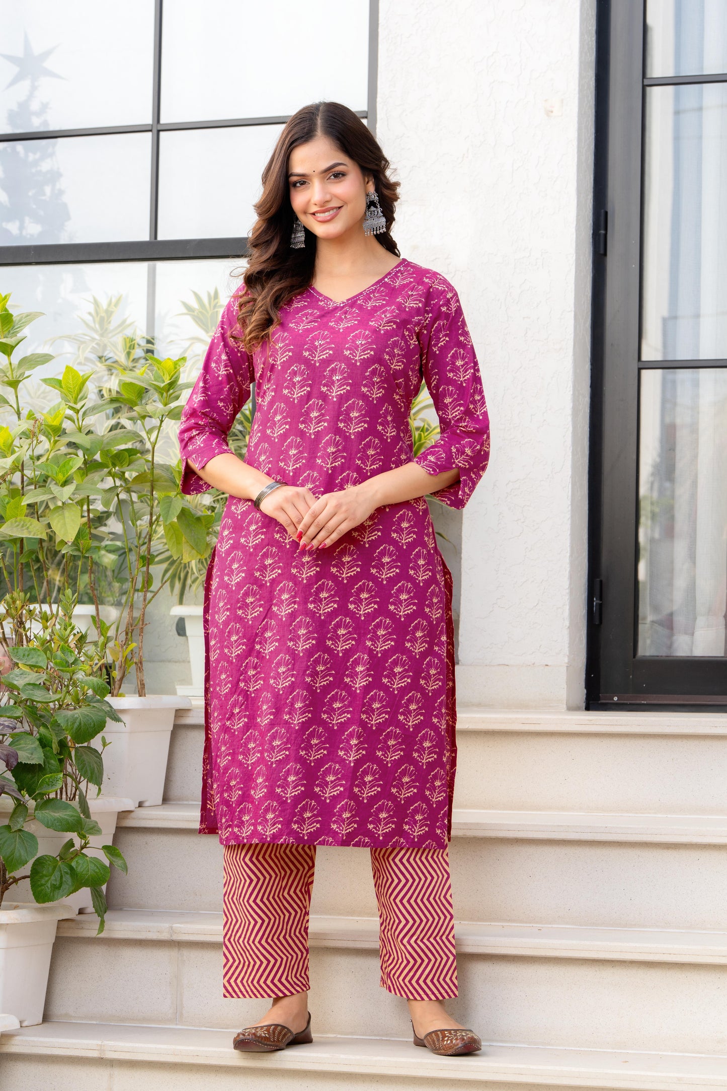 Pink Printed Cotton Kurta and Pant Set with Dupatta