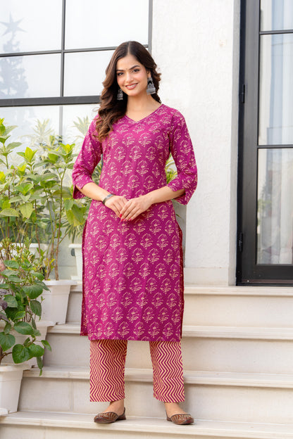 Pink Printed Cotton Kurta and Pant Set with Dupatta