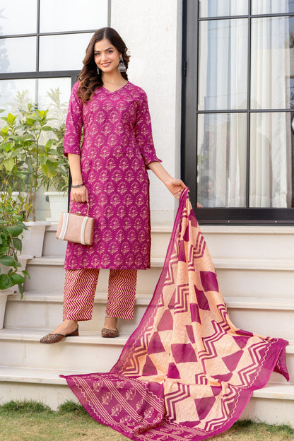 Pink Printed Cotton Kurta and Pant Set with Dupatta
