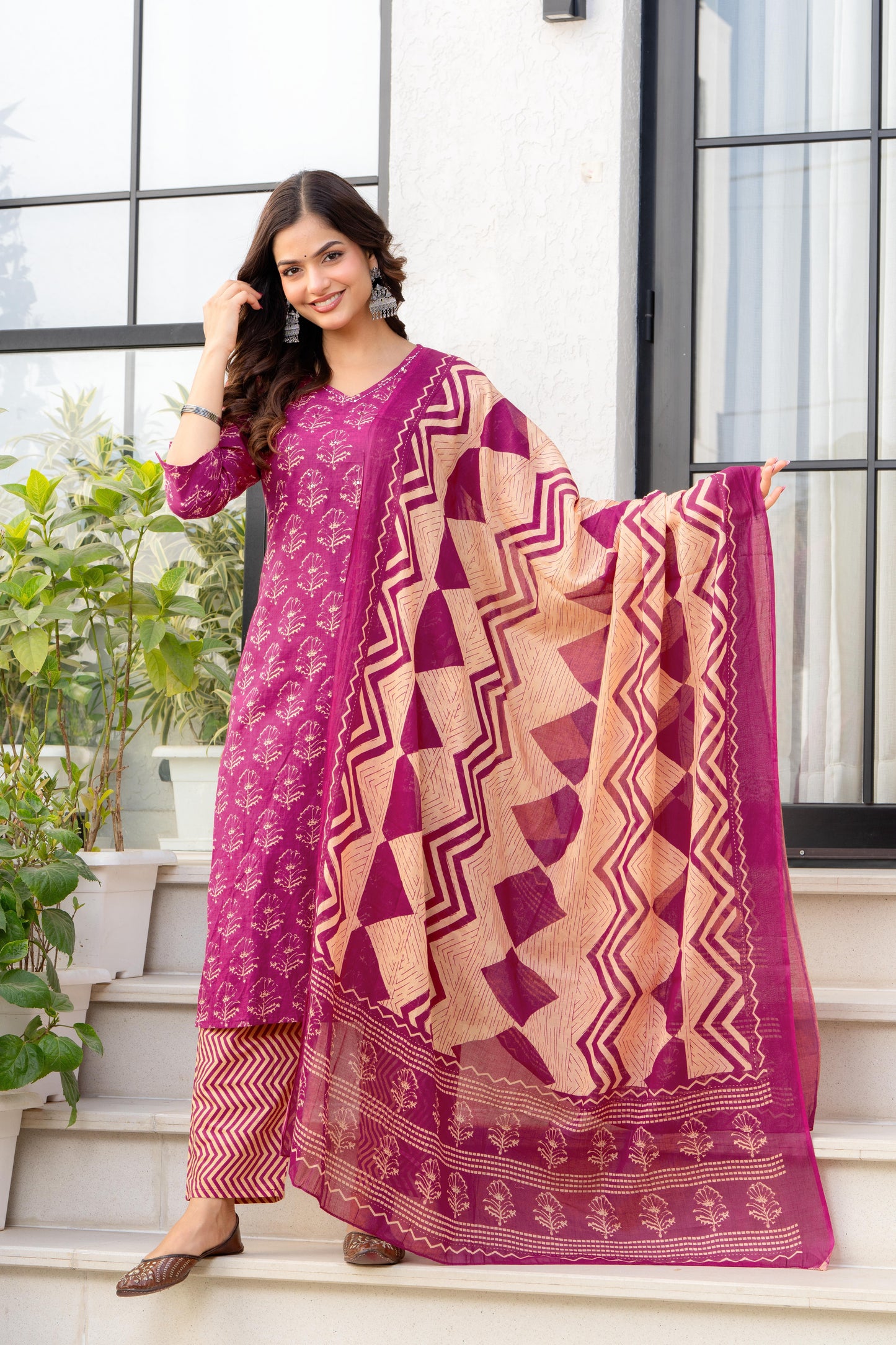 Pink Printed Cotton Kurta and Pant Set with Dupatta