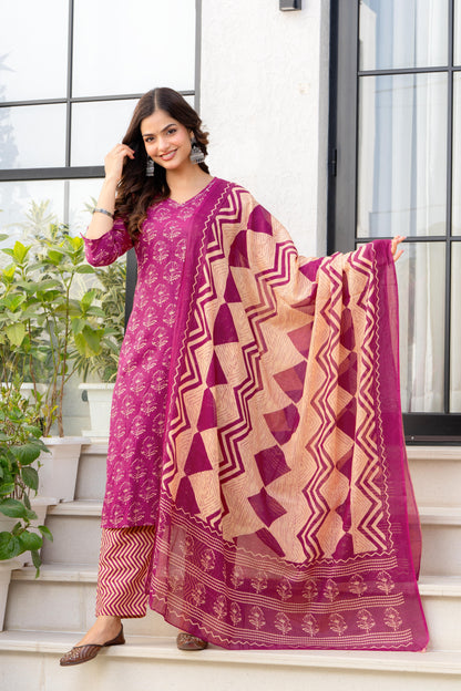 Pink Printed Cotton Kurta and Pant Set with Dupatta