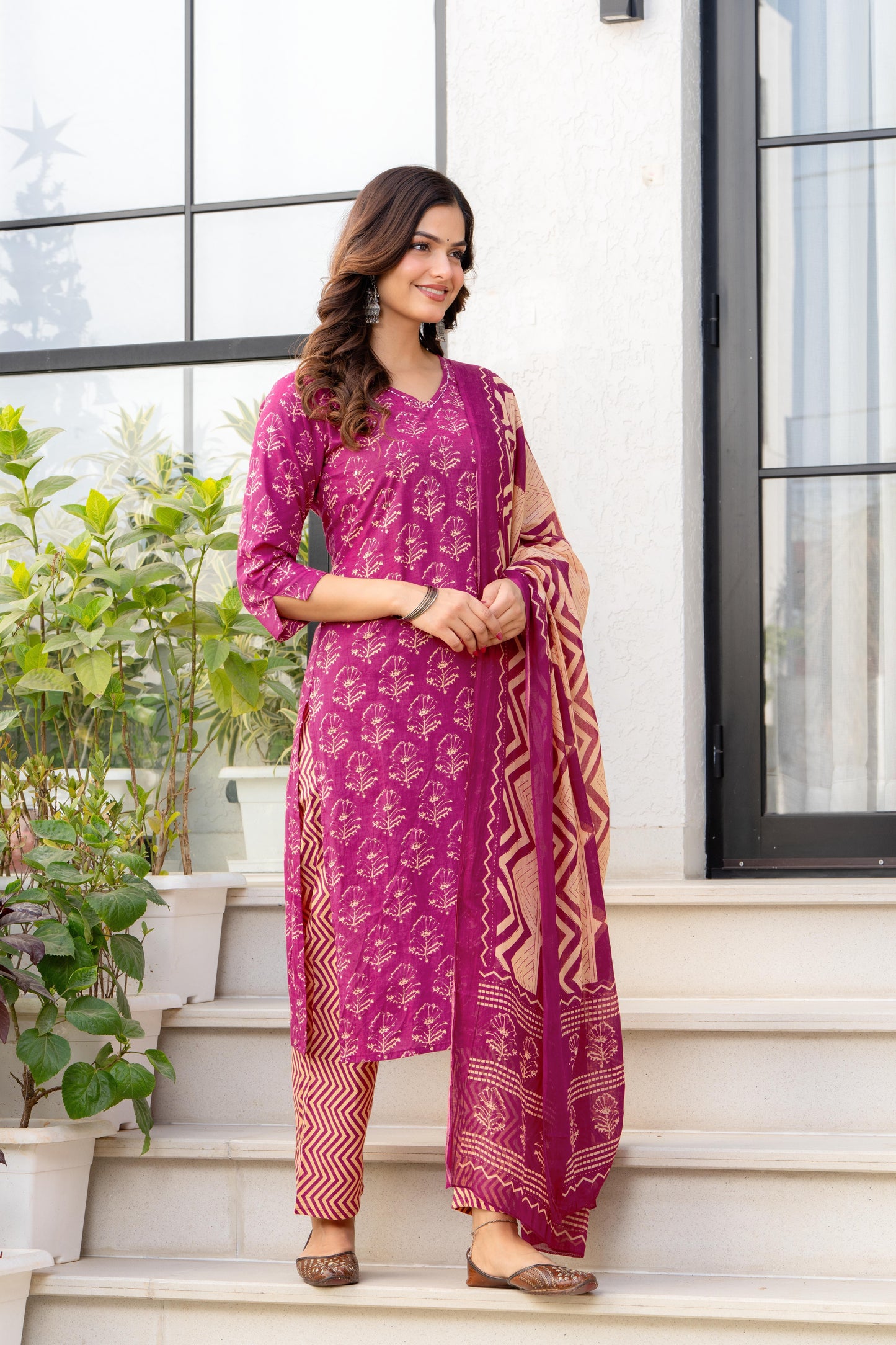 Pink Printed Cotton Kurta and Pant Set with Dupatta
