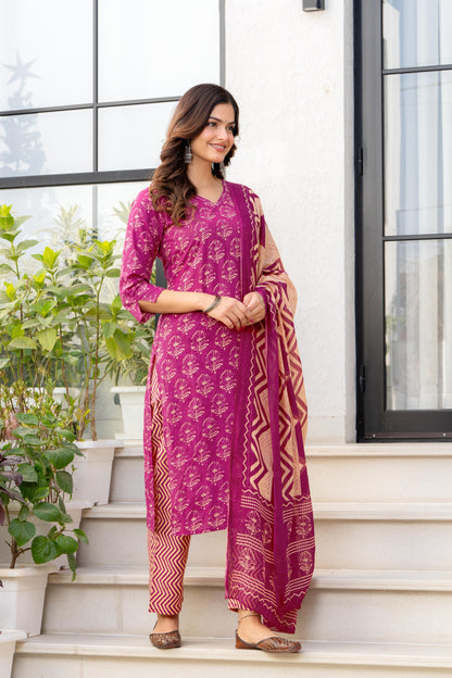 Pink Printed Cotton Kurta and Pant Set with Dupatta