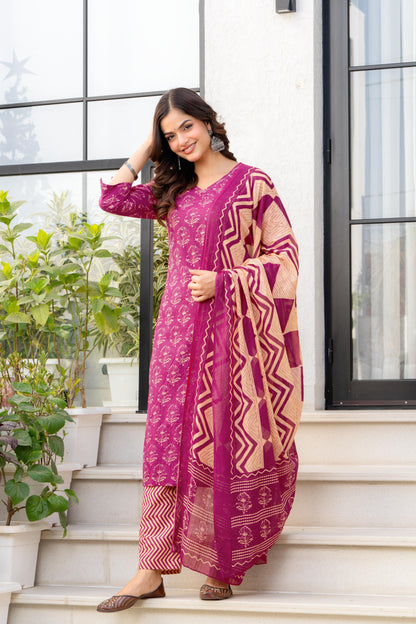 Pink Printed Cotton Kurta and Pant Set with Dupatta