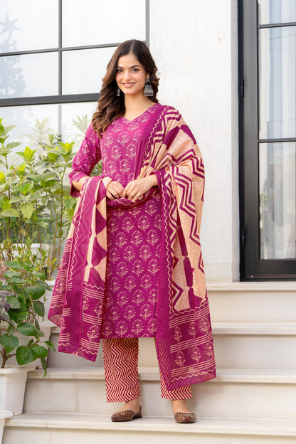 Pink Printed Cotton Kurta and Pant Set with Dupatta
