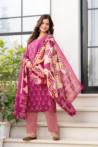 Pink Printed Cotton Kurta and Pant Set with Dupatta