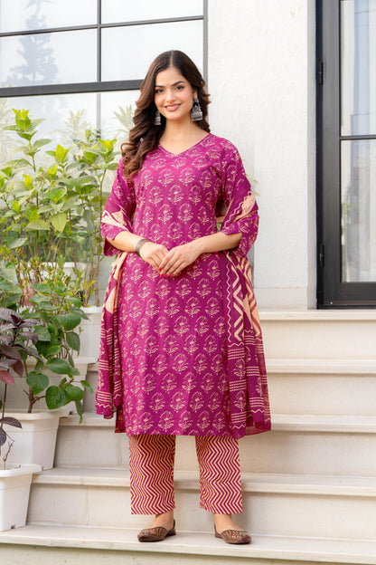 Pink Printed Cotton Kurta and Pant Set with Dupatta