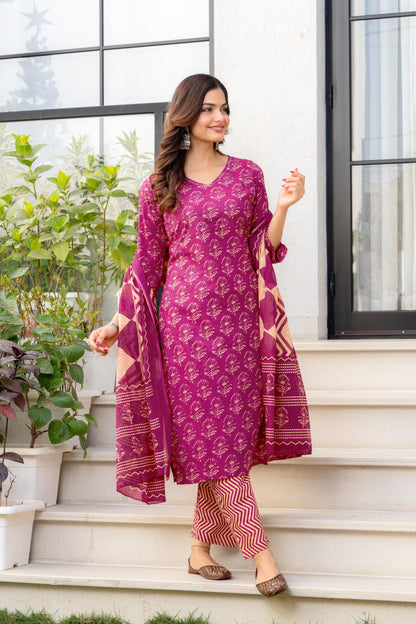 Pink Printed Cotton Kurta and Pant Set with Dupatta