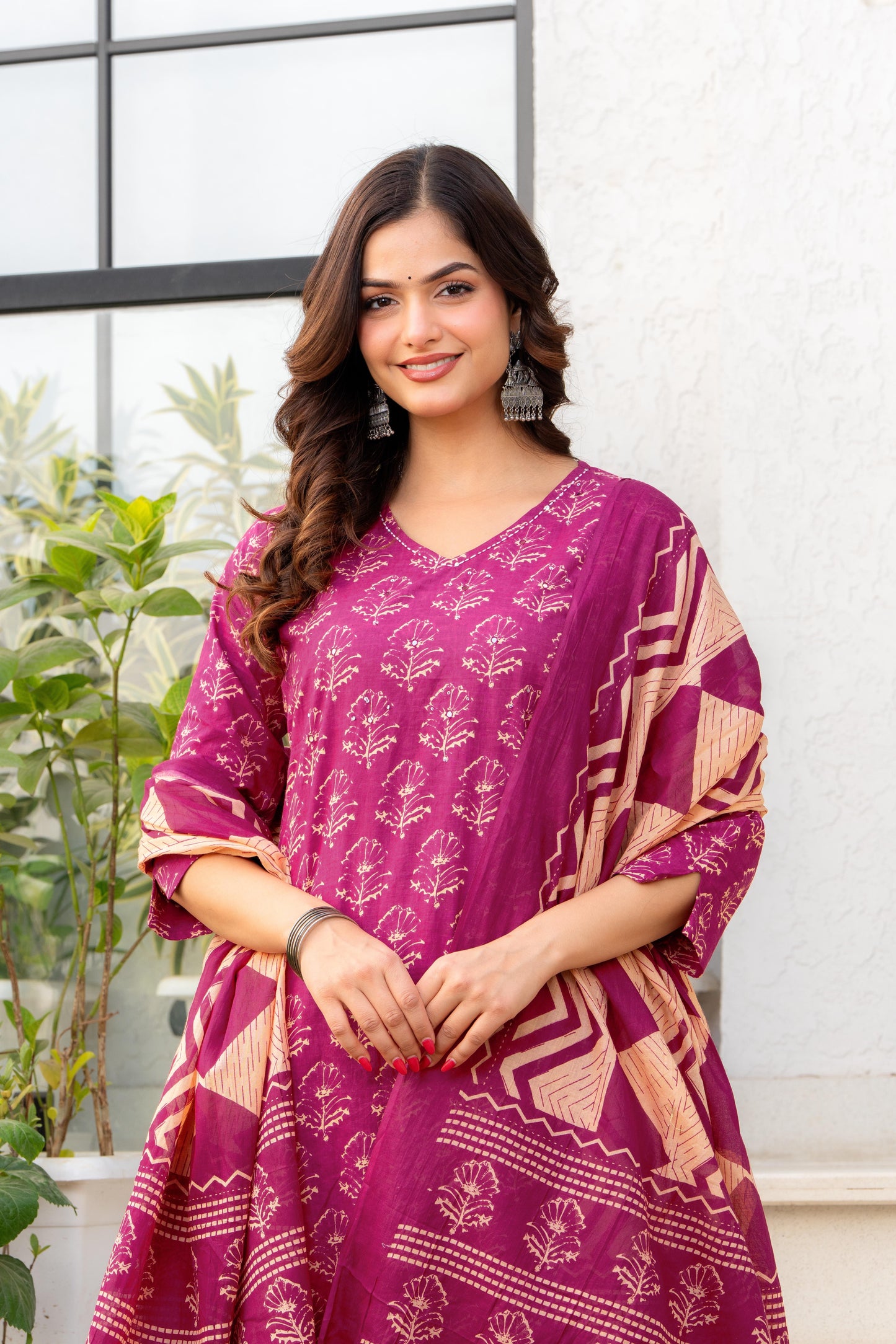 Pink Printed Cotton Kurta and Pant Set with Dupatta