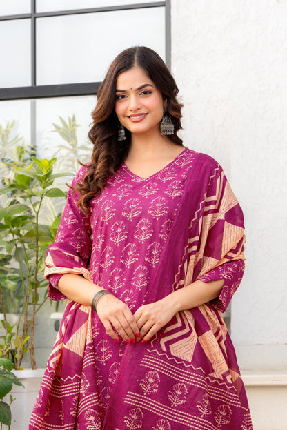 Pink Printed Cotton Kurta and Pant Set with Dupatta