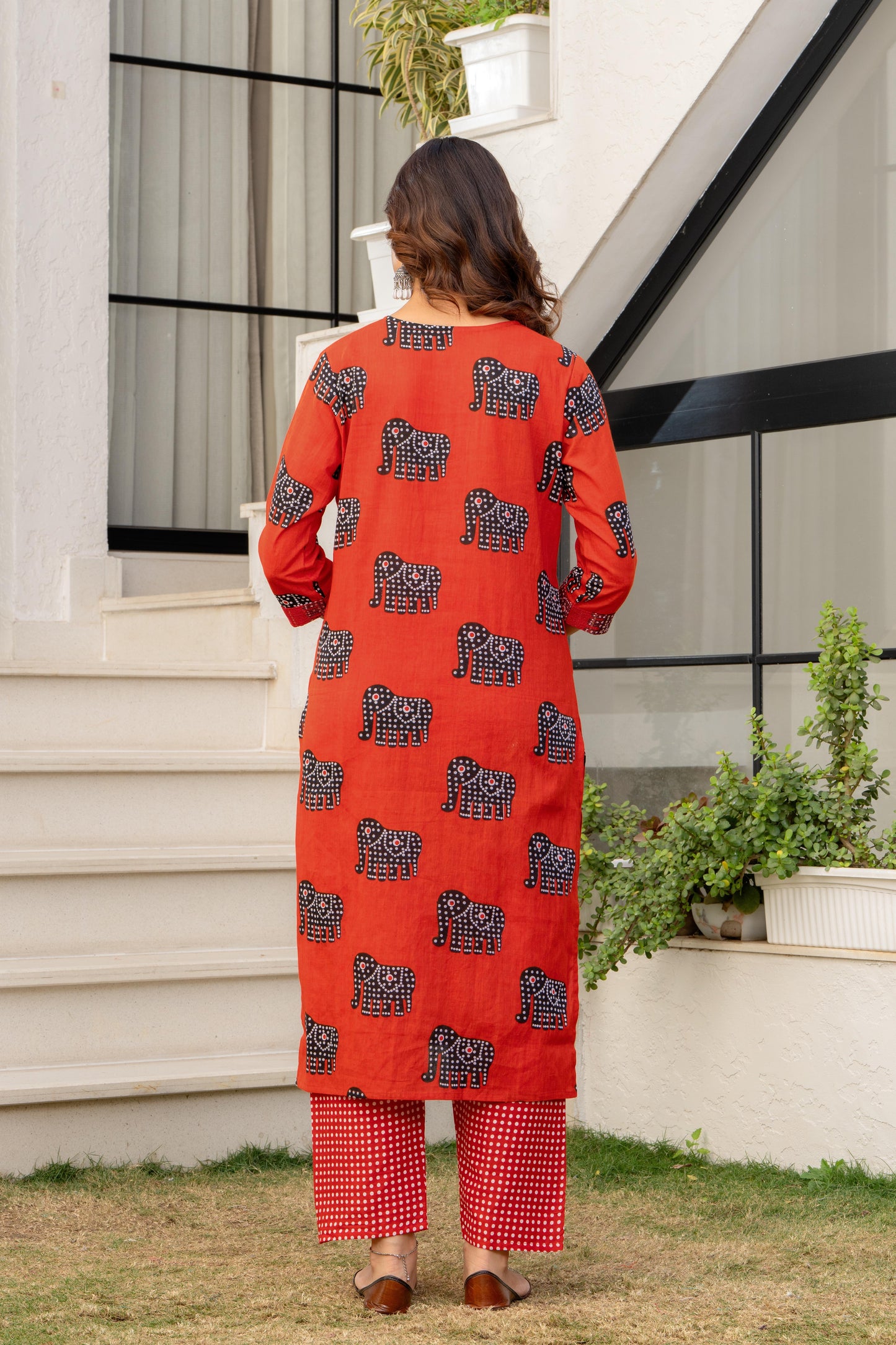 Red Black Printed Cotton Kurta and Pant Set with Mulmul Dupatta