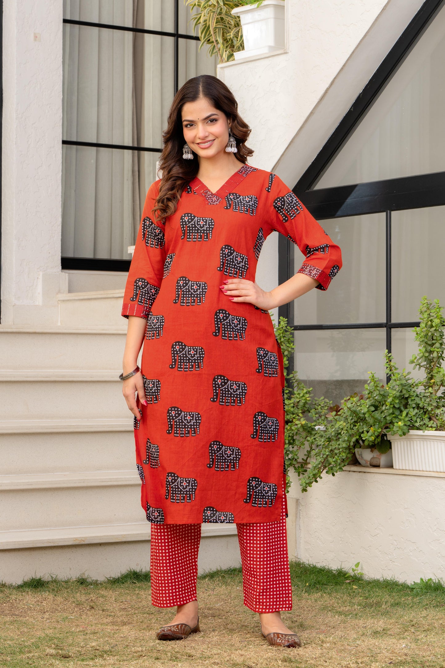 Red Black Printed Cotton Kurta and Pant Set with Mulmul Dupatta