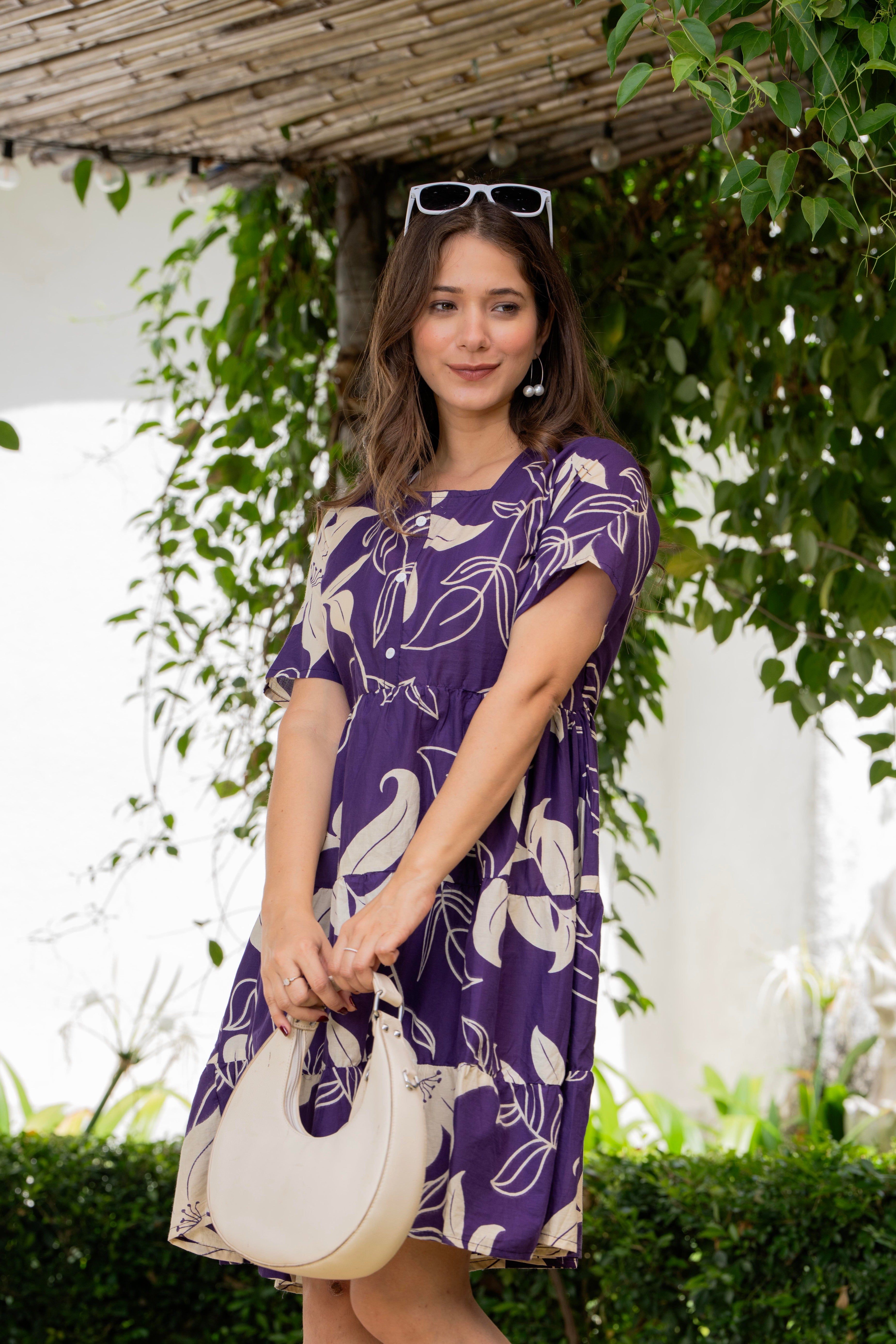 Purple Printed Cotton Tunic Dress
