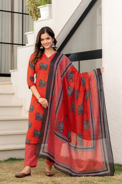 Red Black Printed Cotton Kurta and Pant Set with Mulmul Dupatta