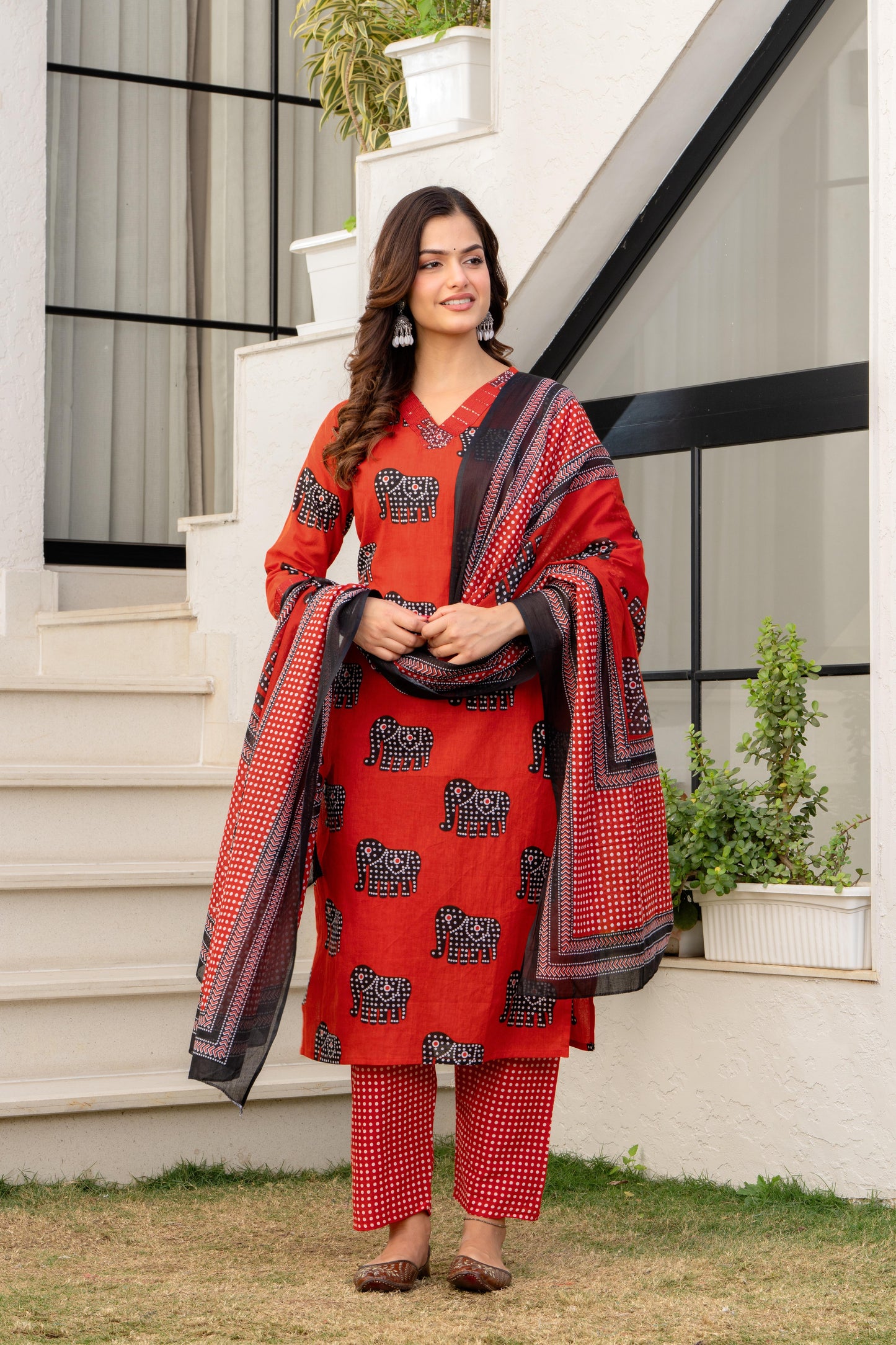 Red Black Printed Cotton Kurta and Pant Set with Mulmul Dupatta