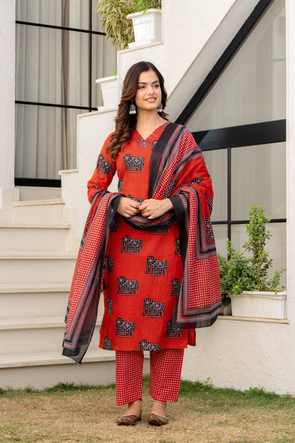 Red Black Printed Cotton Kurta and Pant Set with Mulmul Dupatta