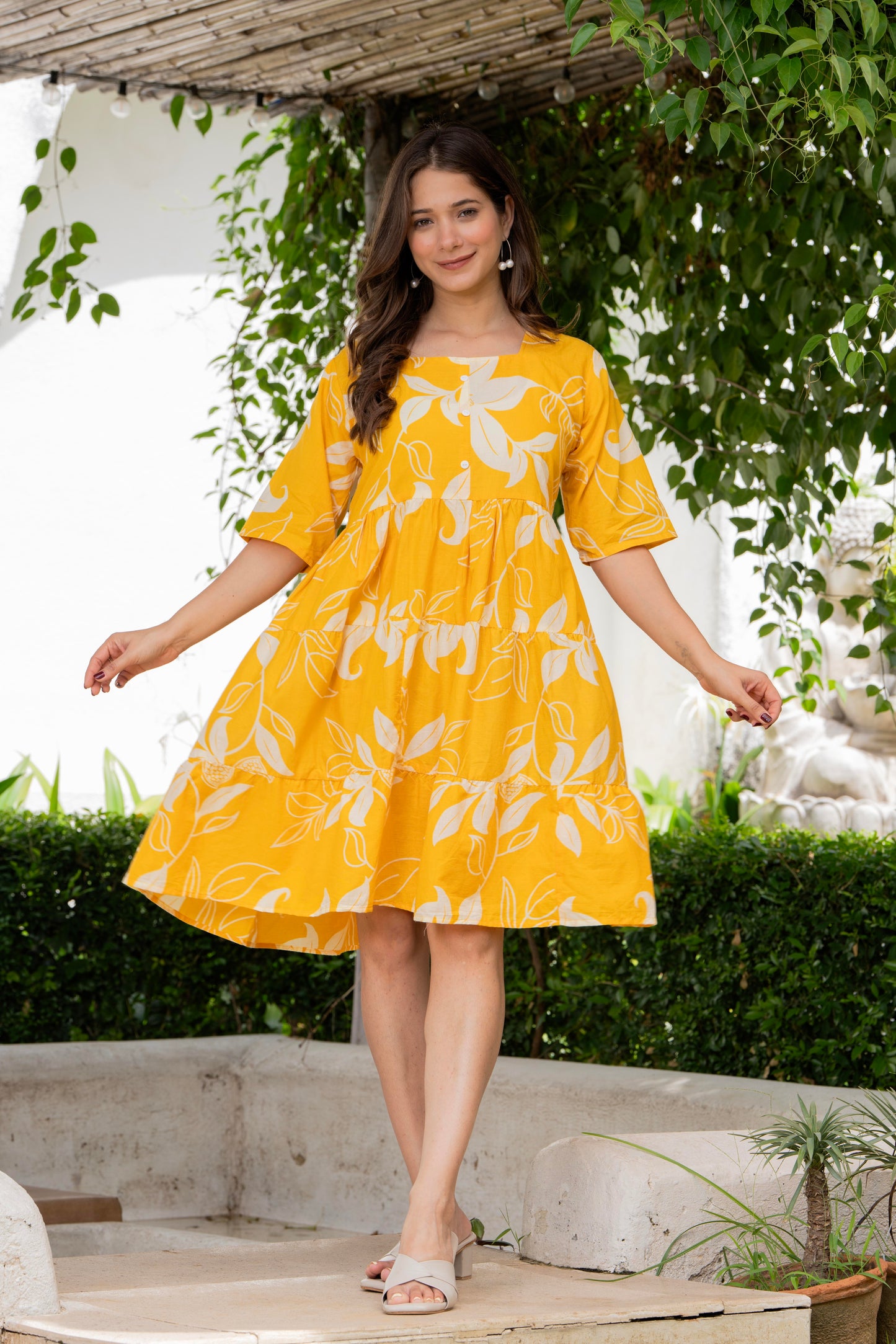 Yellow Printed Cotton Tunic Dress