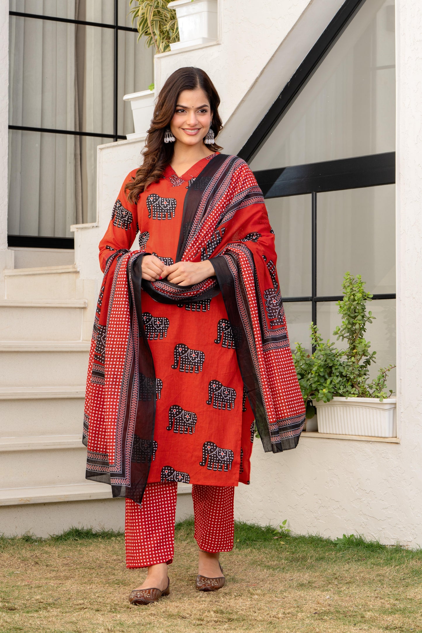 Red Black Printed Cotton Kurta and Pant Set with Mulmul Dupatta