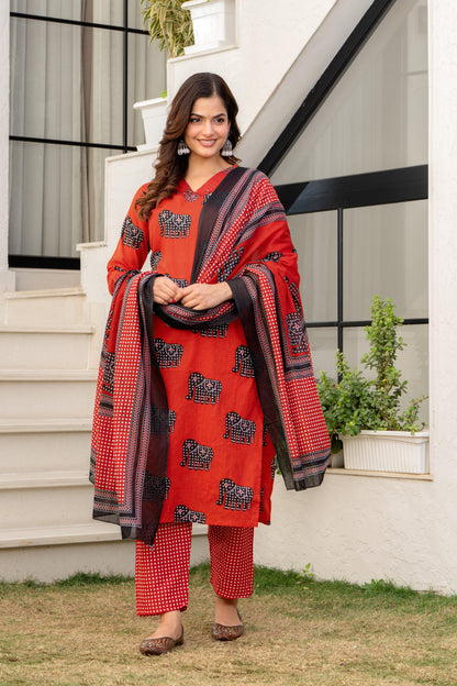 Red Black Printed Cotton Kurta and Pant Set with Mulmul Dupatta