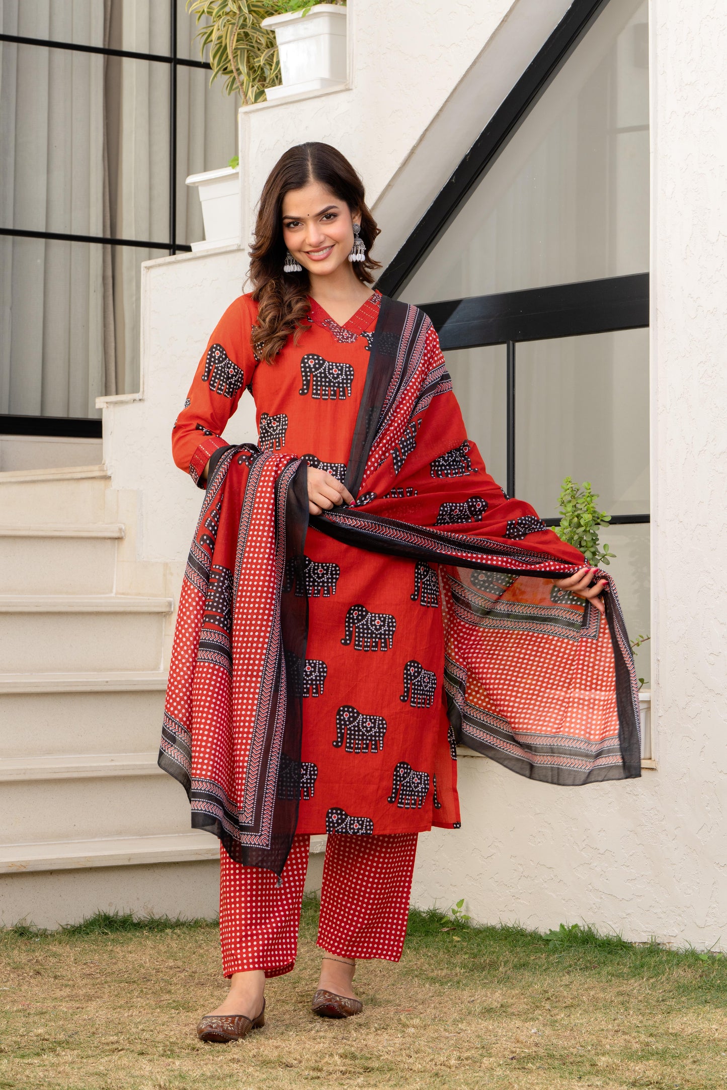 Red Black Printed Cotton Kurta and Pant Set with Mulmul Dupatta