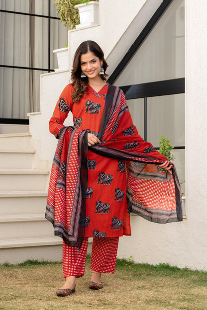 Red Black Printed Cotton Kurta and Pant Set with Mulmul Dupatta