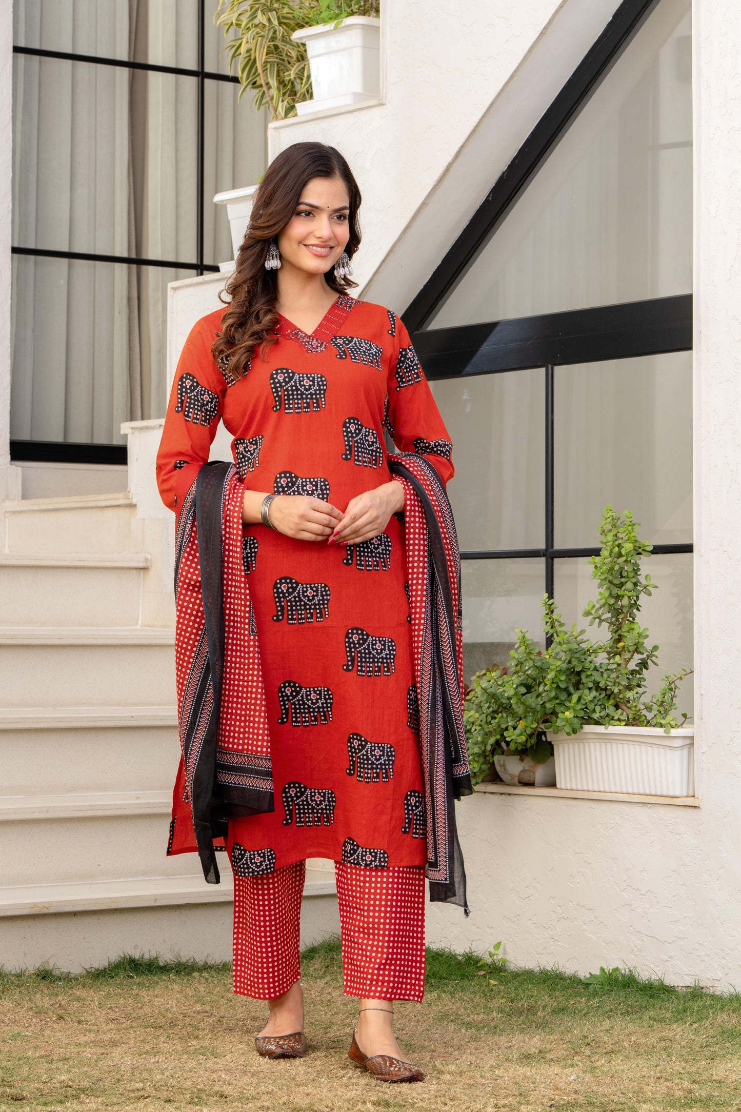 Red Black Printed Cotton Kurta and Pant Set with Mulmul Dupatta