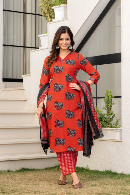 Red Black Printed Cotton Kurta and Pant Set with Mulmul Dupatta