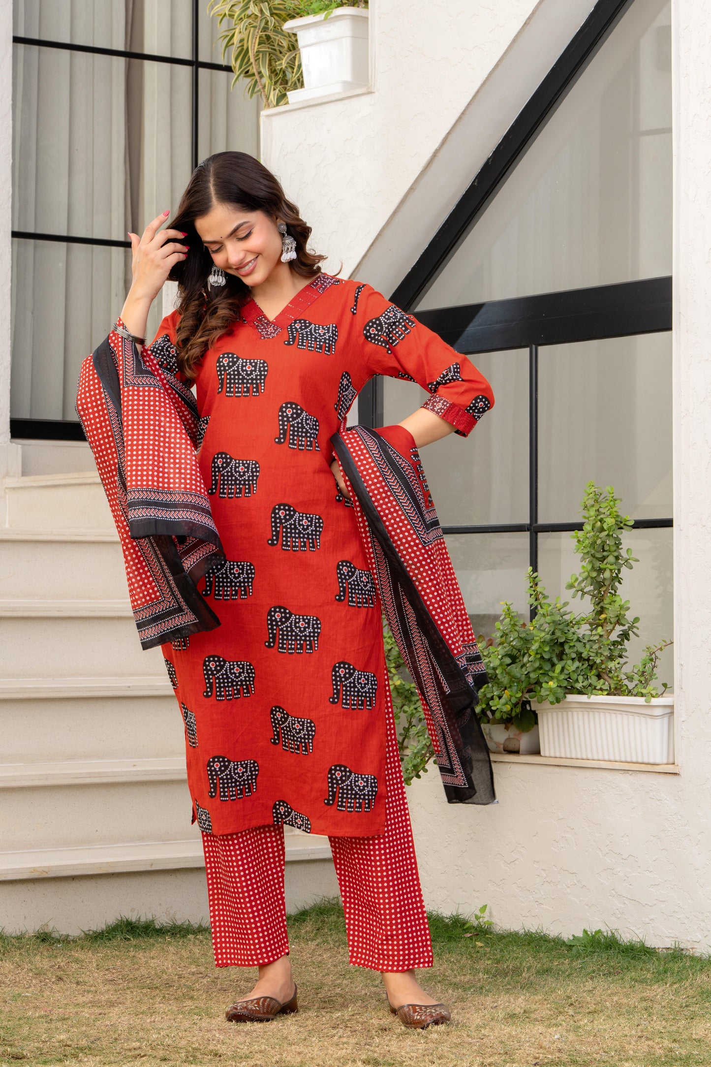 Red Black Printed Cotton Kurta and Pant Set with Mulmul Dupatta