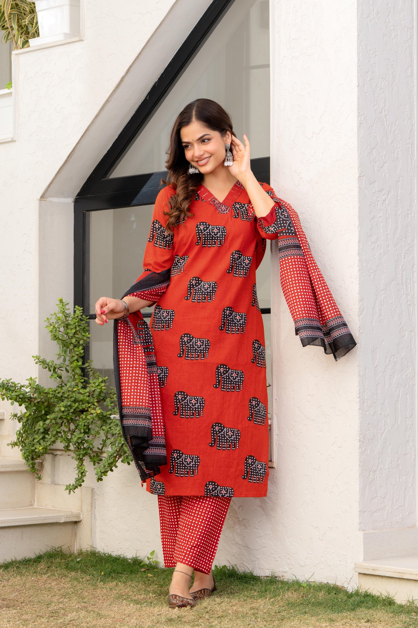 Red Black Printed Cotton Kurta and Pant Set with Mulmul Dupatta