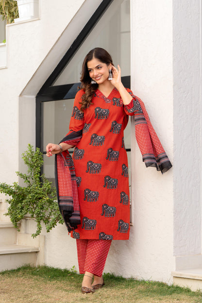 Red Black Printed Cotton Kurta and Pant Set with Mulmul Dupatta