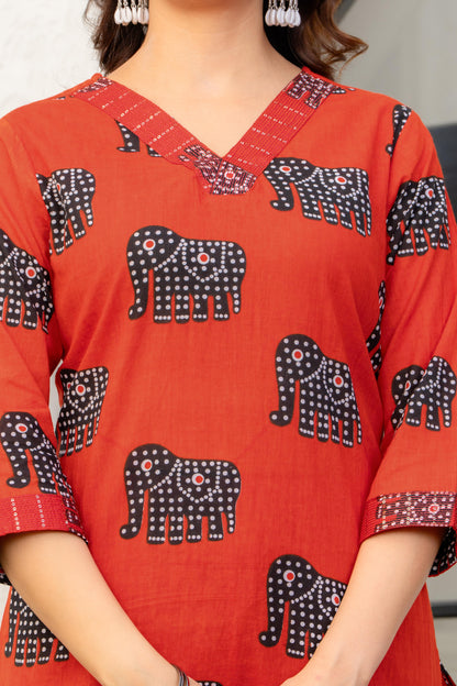 Red Black Printed Cotton Kurta and Pant Set with Mulmul Dupatta