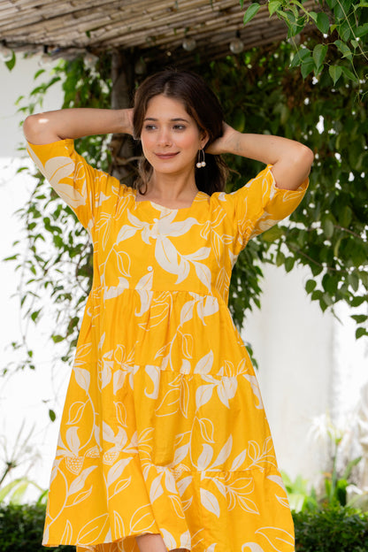 Yellow Printed Cotton Tunic Dress