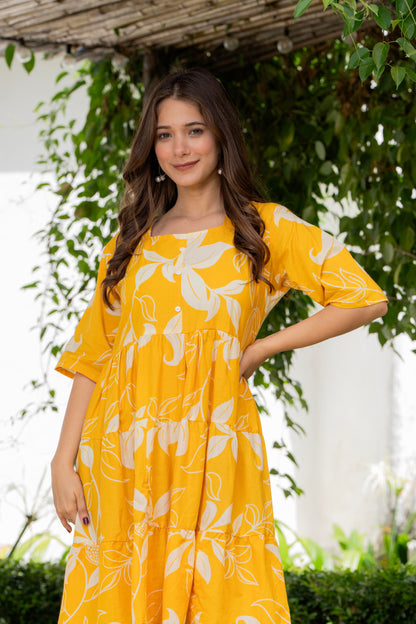 Yellow Printed Cotton Tunic Dress