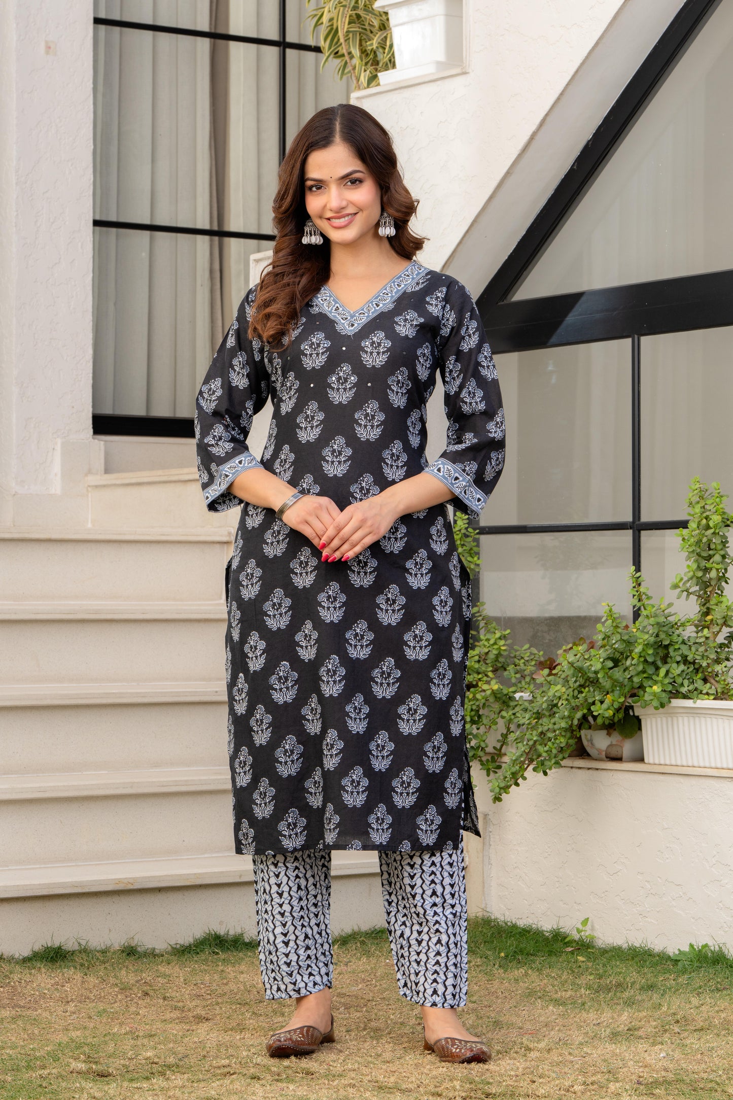Dark Grey Printed Cotton Kurta and Pant Set with Dupatta