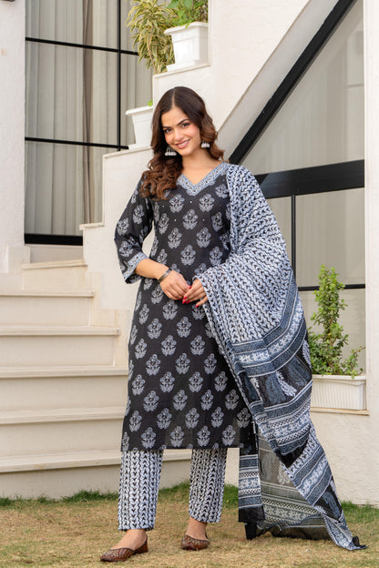 Dark Grey Printed Cotton Kurta and Pant Set with Dupatta