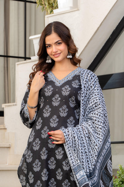 Dark Grey Printed Cotton Kurta and Pant Set with Dupatta