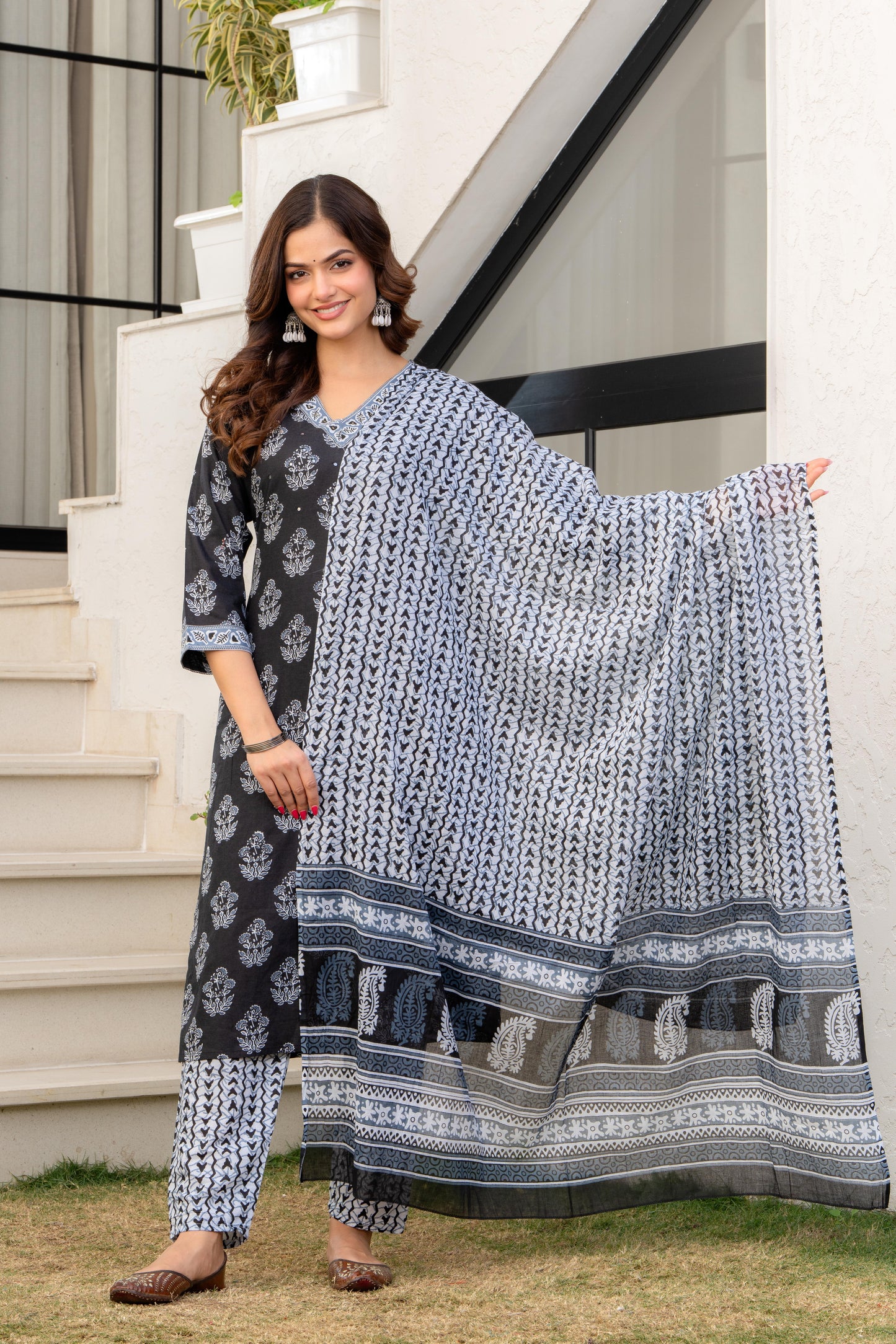 Dark Grey Printed Cotton Kurta and Pant Set with Dupatta