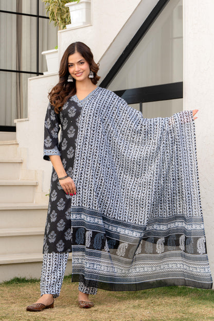 Dark Grey Printed Cotton Kurta and Pant Set with Dupatta
