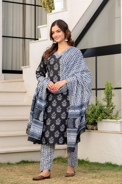 Dark Grey Printed Cotton Kurta and Pant Set with Dupatta