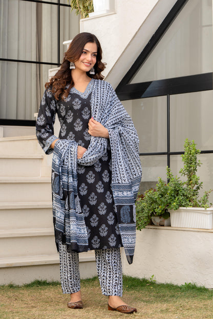 Dark Grey Printed Cotton Kurta and Pant Set with Dupatta