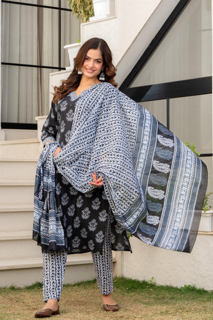 Dark Grey Printed Cotton Kurta and Pant Set with Dupatta
