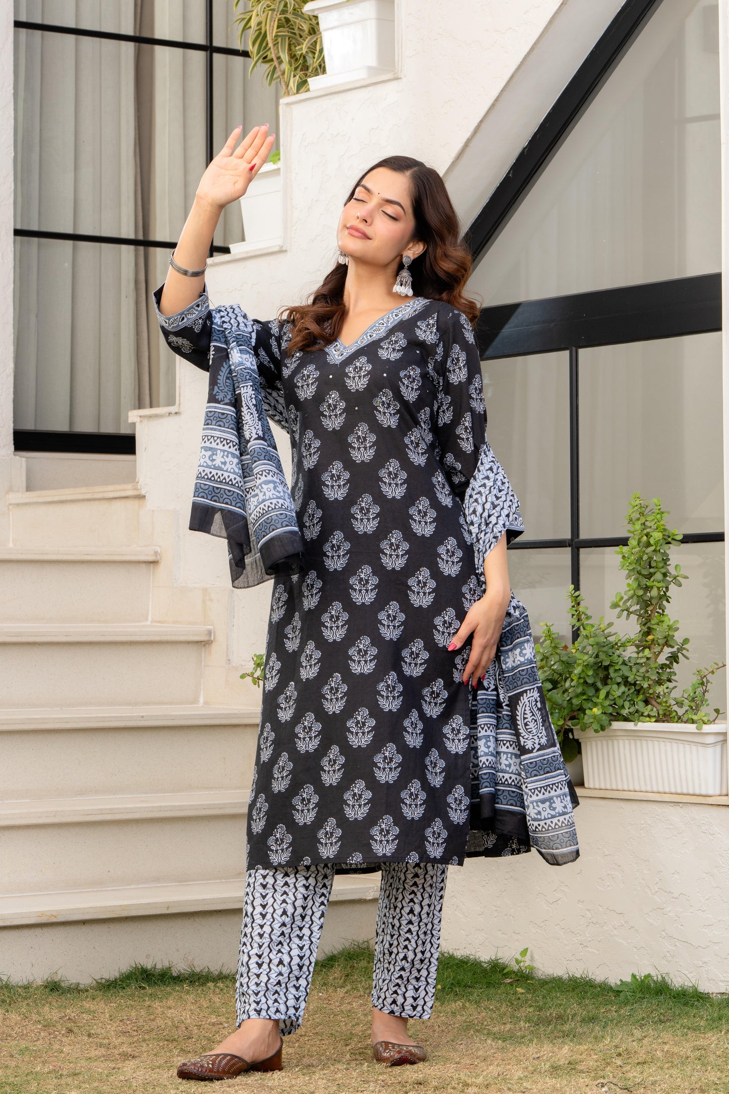 Dark Grey Printed Cotton Kurta and Pant Set with Dupatta
