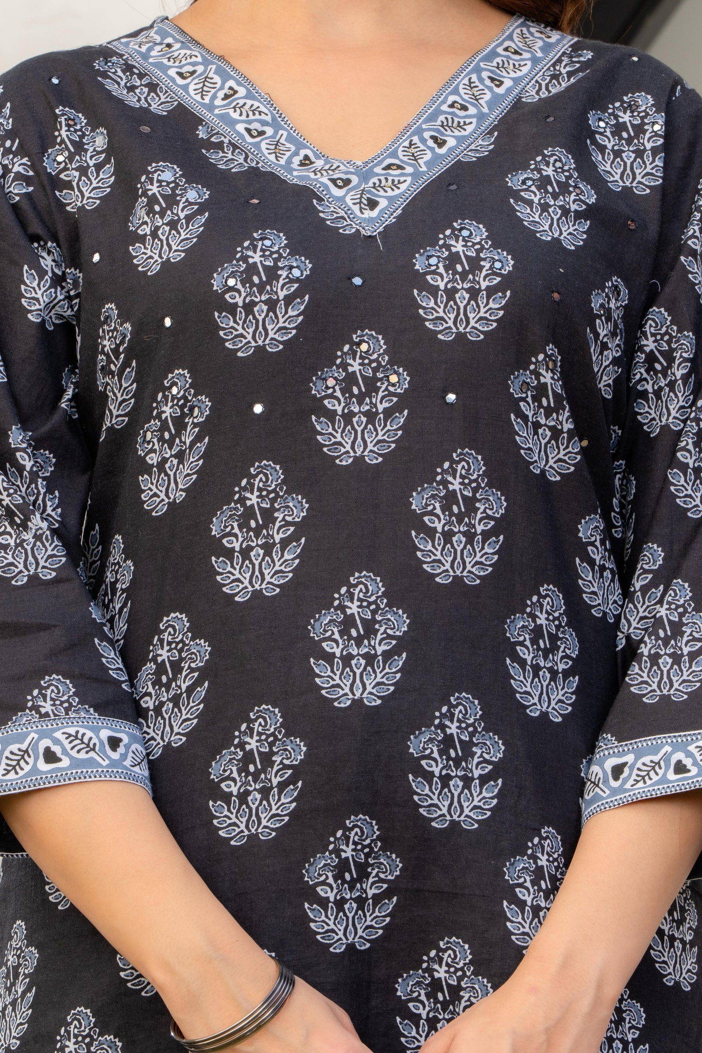 Dark Grey Printed Cotton Kurta and Pant Set with Dupatta