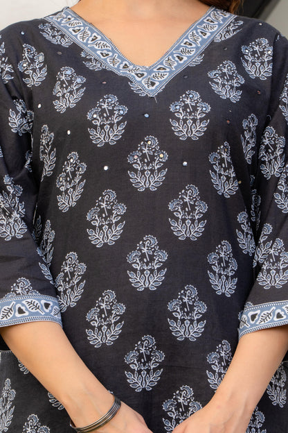 Dark Grey Printed Cotton Kurta and Pant Set with Dupatta
