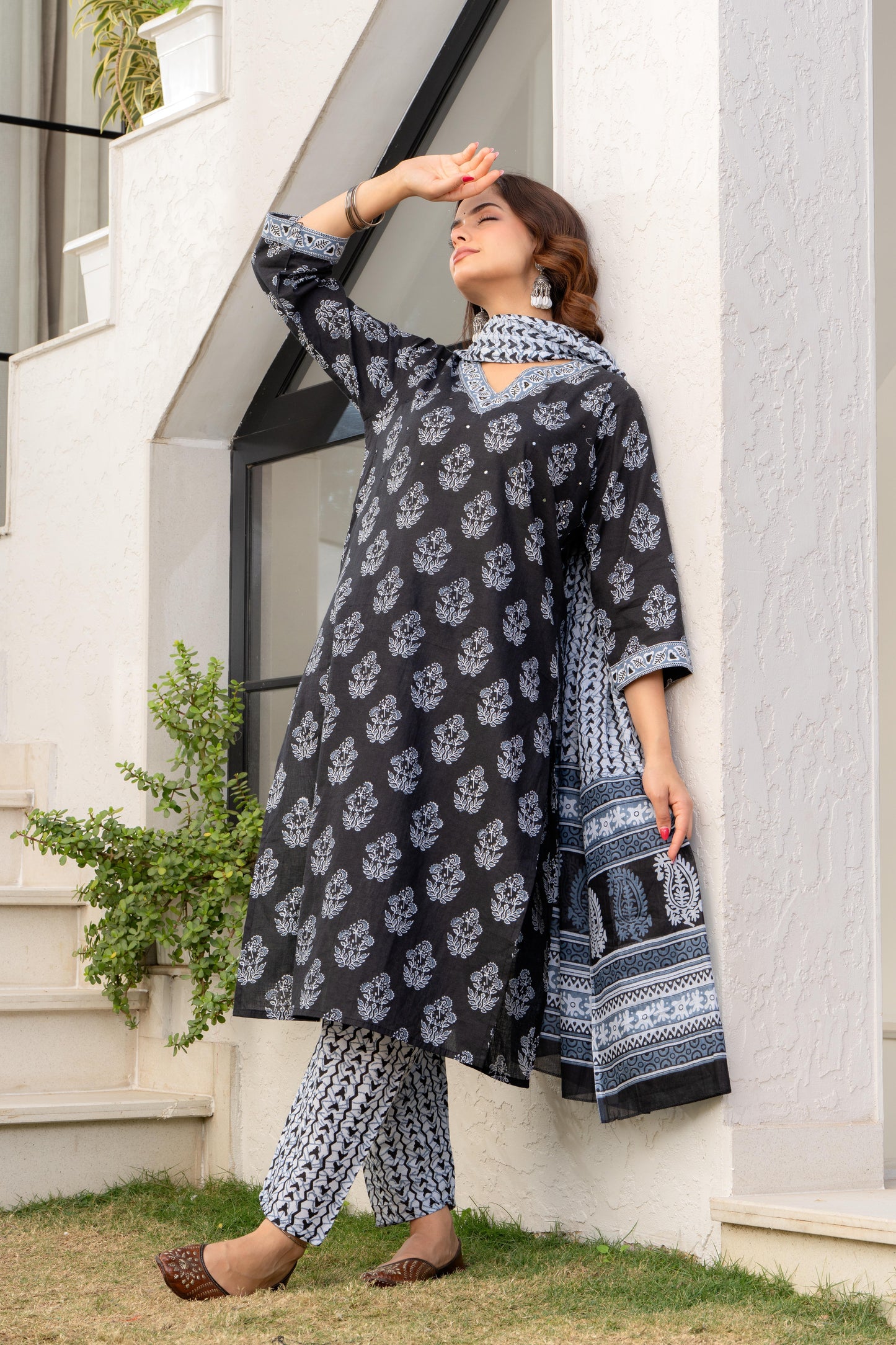 Dark Grey Printed Cotton Kurta and Pant Set with Dupatta