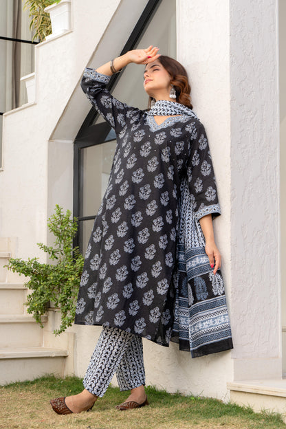 Dark Grey Printed Cotton Kurta and Pant Set with Dupatta