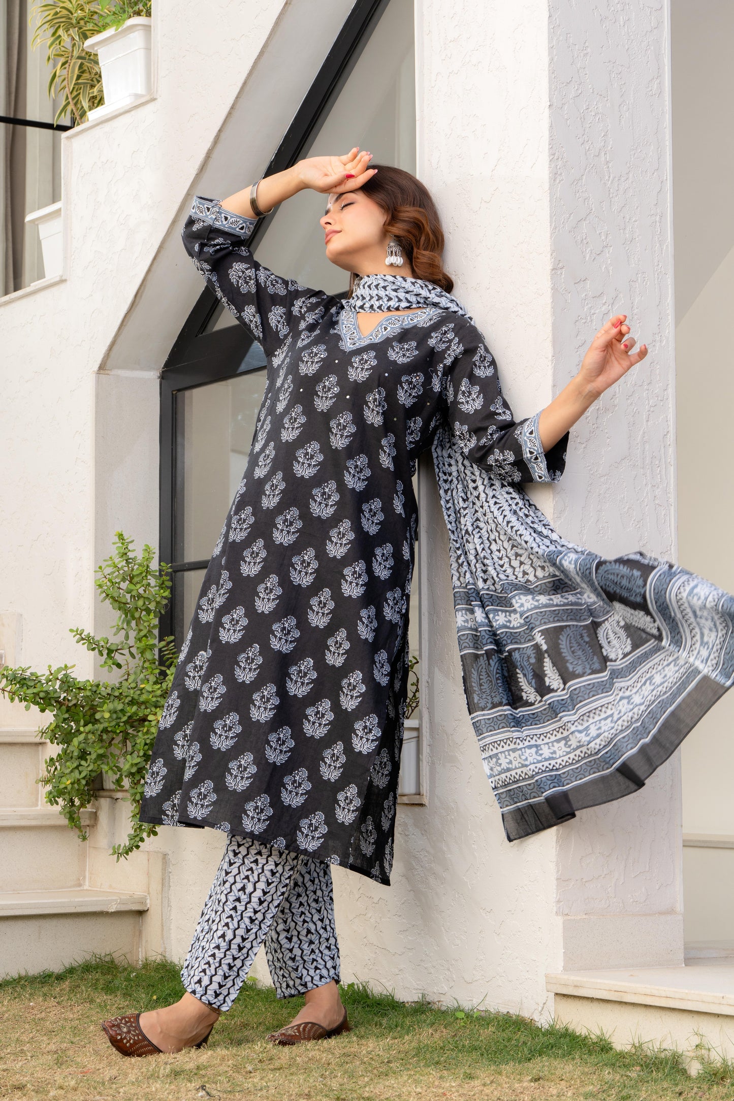 Dark Grey Printed Cotton Kurta and Pant Set with Dupatta