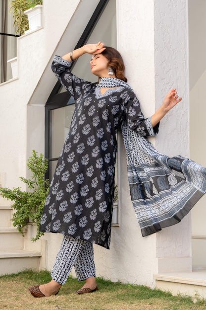 Dark Grey Printed Cotton Kurta and Pant Set with Dupatta